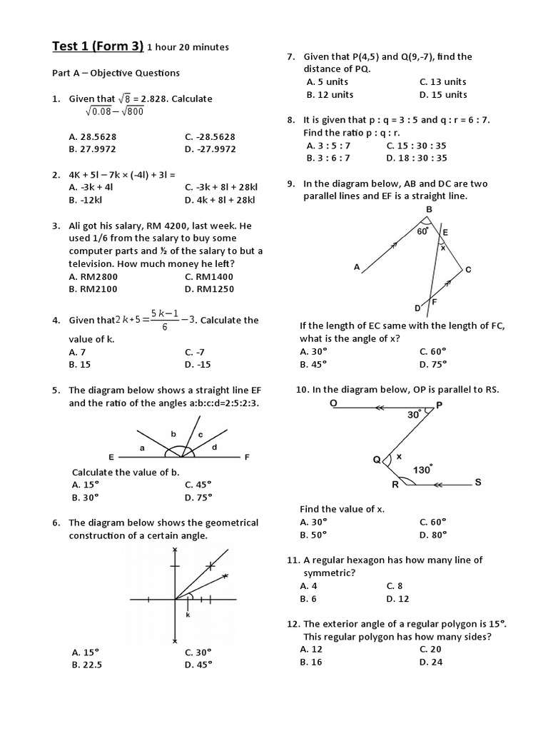 Test 1 (Form 3) | PDF | Geometric Shapes | Elementary Mathematics