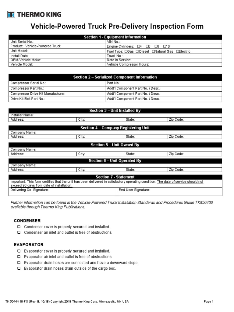 Vehicle Powered Truck Pre-Delivery Inspection Form | PDF | Truck | Vehicles