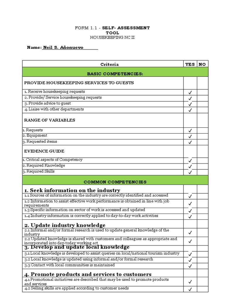 Self-Assessment of Housekeeping Skills and Competencies | PDF ...