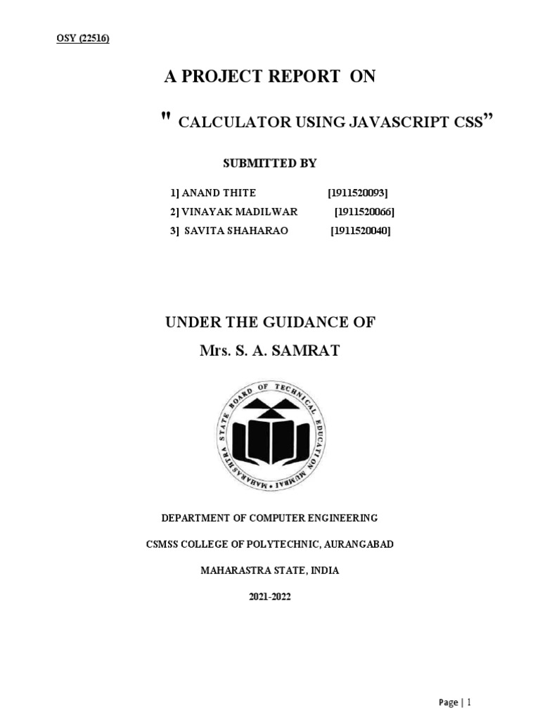 A Project Report On: Calculator Using Javascript Css | PDF | Operating ...