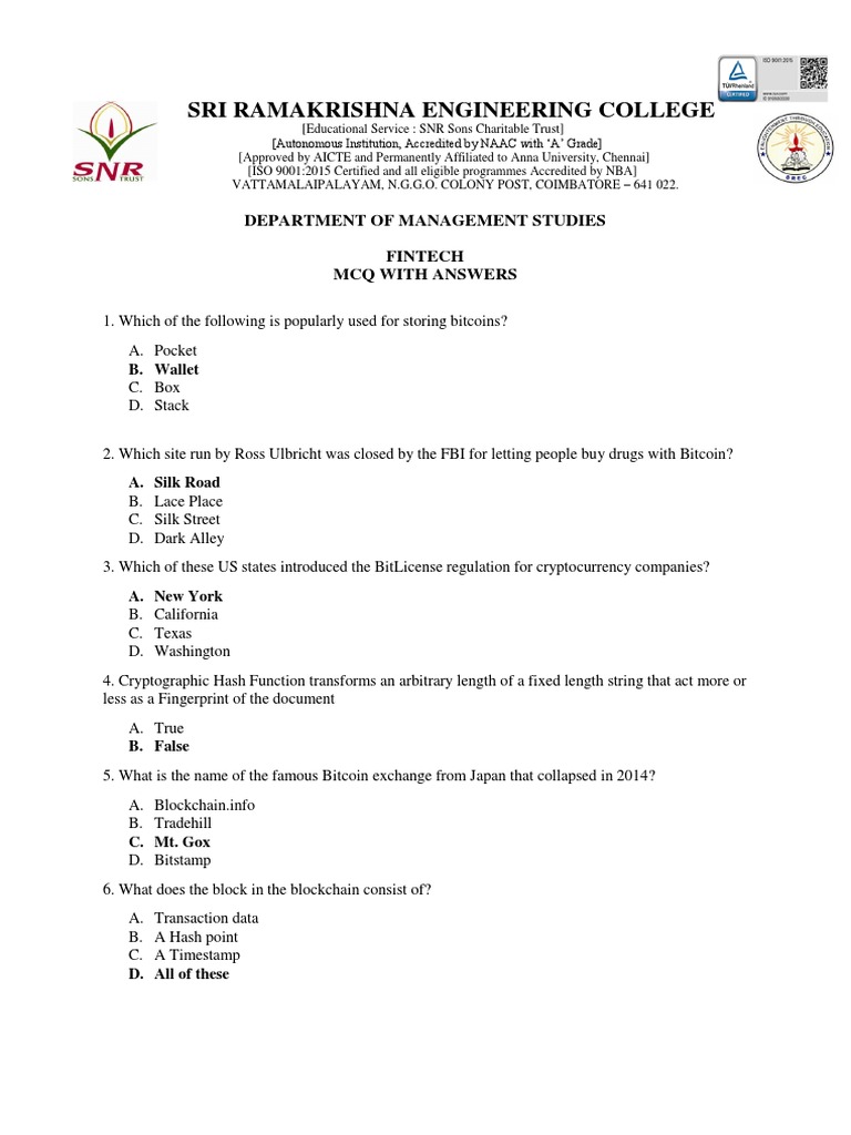 Fintech MCQ | PDF | Cryptocurrency | Bitcoin