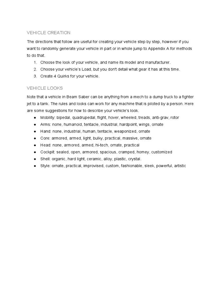 Vehicle Creation Guide for Beam Saber | PDF | Vehicles | Manufactured Goods