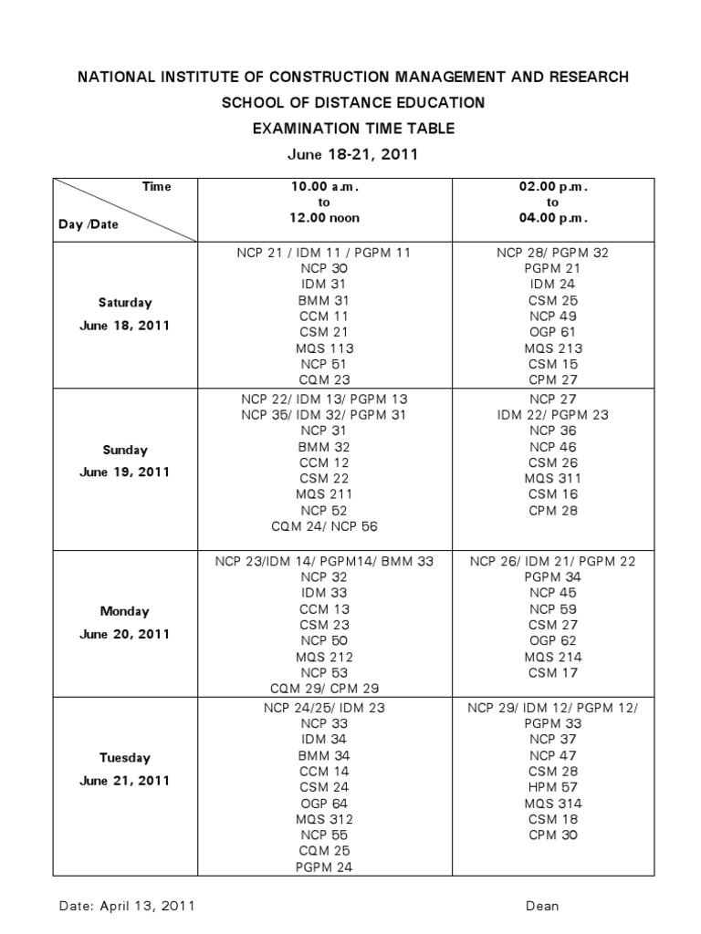 Exam time table nicmar pdf construction bidding safety