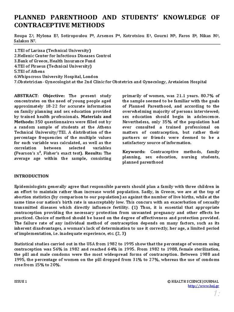 Planned Parenthood and Students Knowledge of Contraceptive Methods