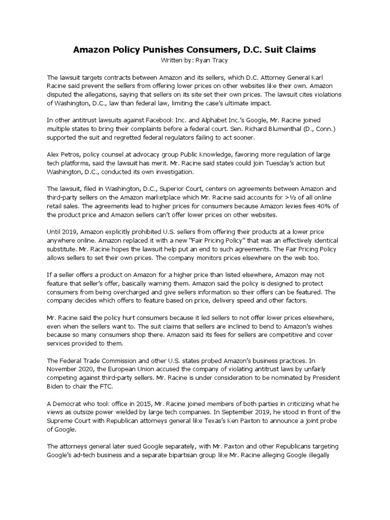 Amazon Policy Punishes Consumers, D.C. Suit Claims | PDF | Federal ...