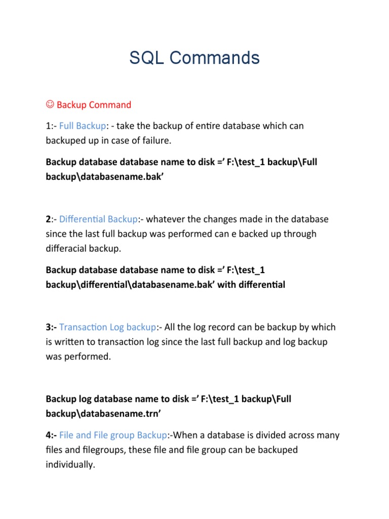 SQL Commands: Backup Command | PDF | Backup | Database Index