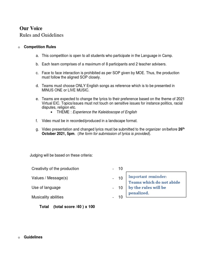 Voice Competition Rules & Guidelines | PDF | Vocabulary | Singing