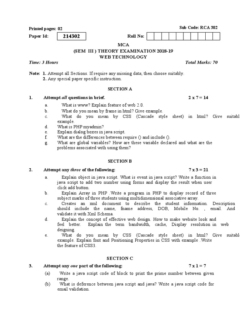 Web Technology Exam MCA 2018-19 | PDF | World Wide Web | Internet & Web