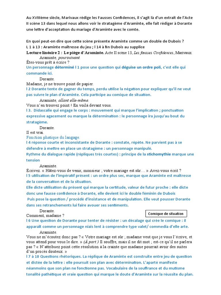 Analyse Linéaire Les Fausses Confidences Acte 2 Scène 13 Lecture Lineaire Les Fausses Confidences Acte III Scene 13 | PDF