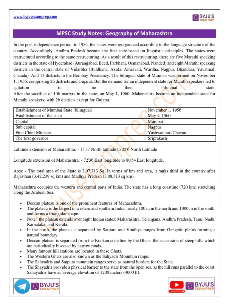 MPSC Study Notes: Geography of Maharashtra | PDF | Geography | Physical ...