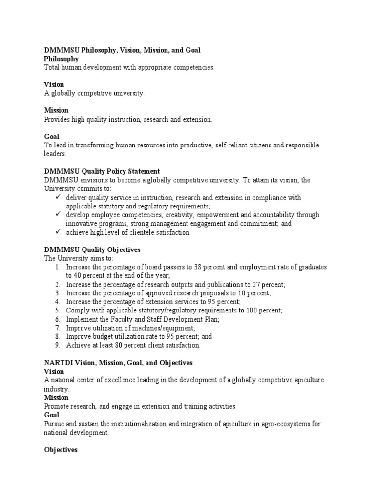 DMMMSU Philosophy, Vision, Mission, and Goal Philosophy | PDF