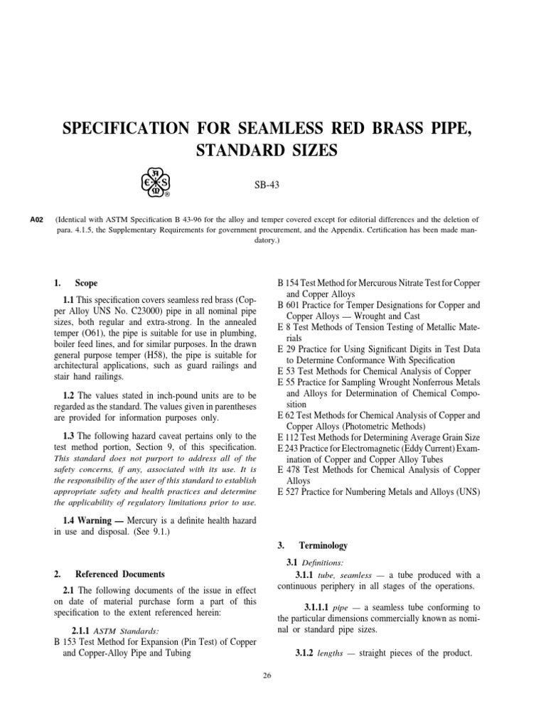 Specification For Seamless Red Brass Pipe, Standard Sizes PDF