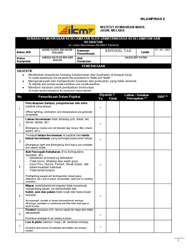 2 Borang Senarai PEMERIKSAAN KESELAMATAN N KESIHATAN Oleh JAWATANKUASA