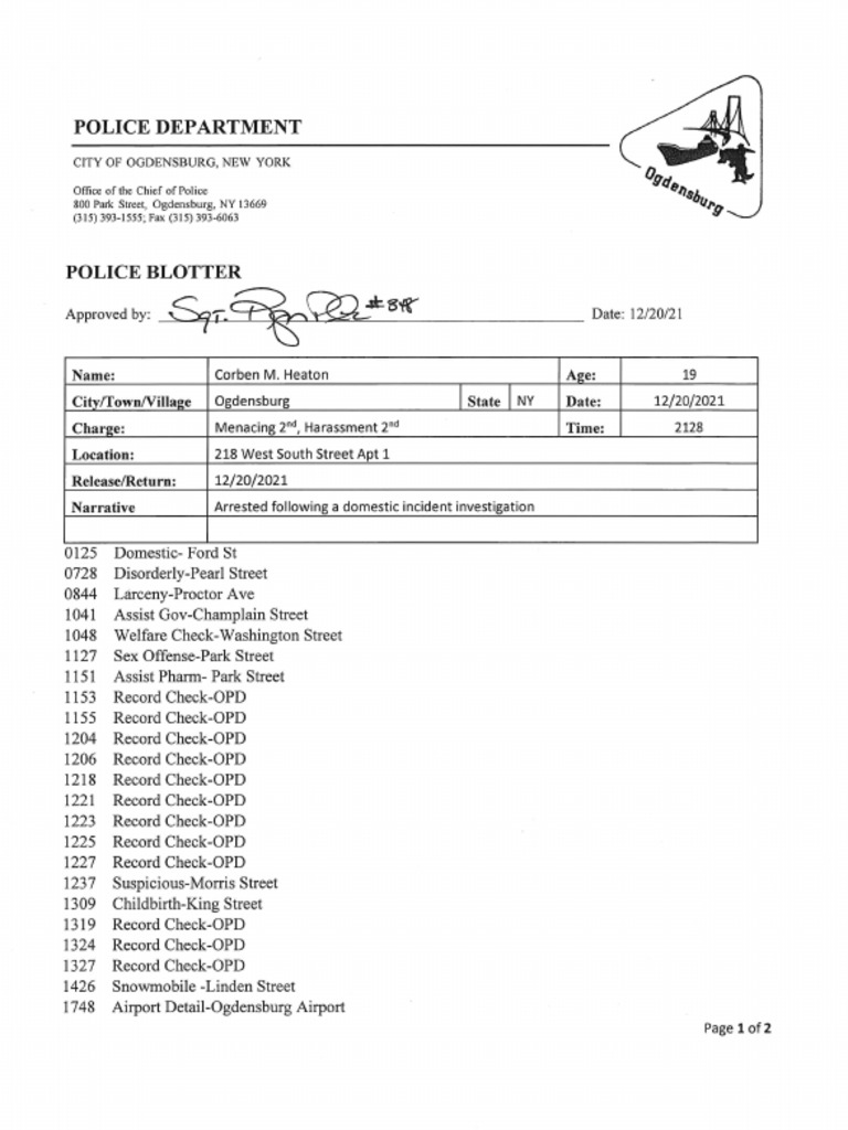 Ogdensburg police blotter Dec. 20, 2021 PDF