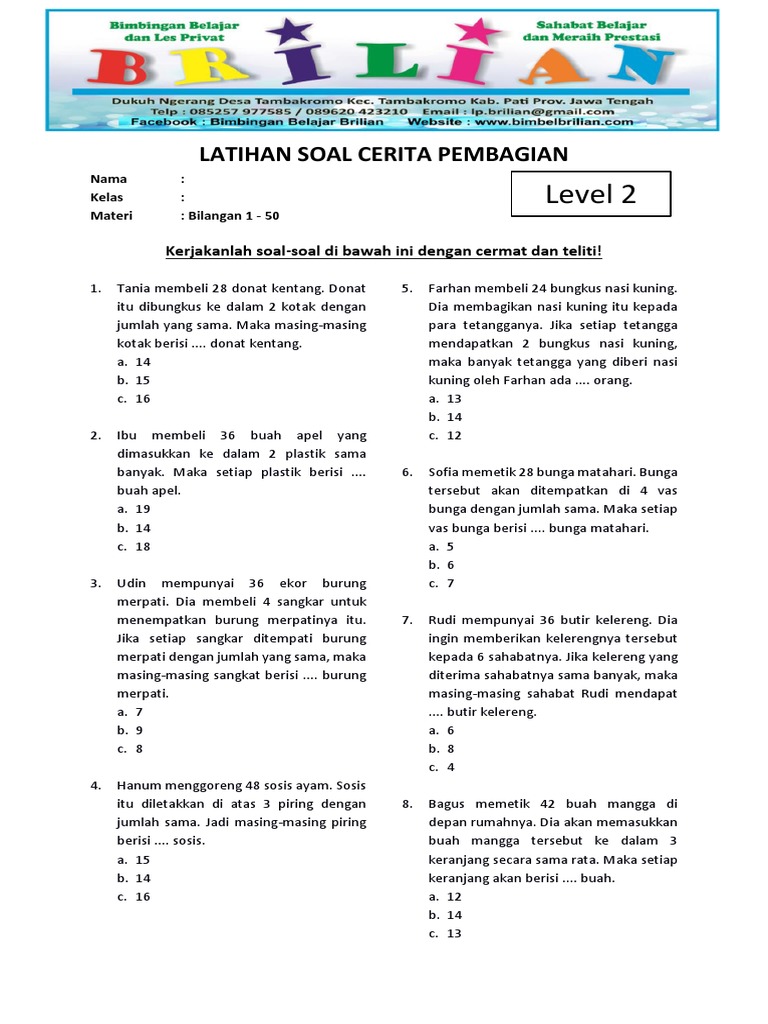 Soal Cerita Pembagian Level 2 Bilangan 1 Sampai 50 Pdf