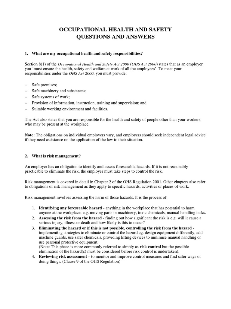 Occupational Health and Safety Questions and Answers PDF