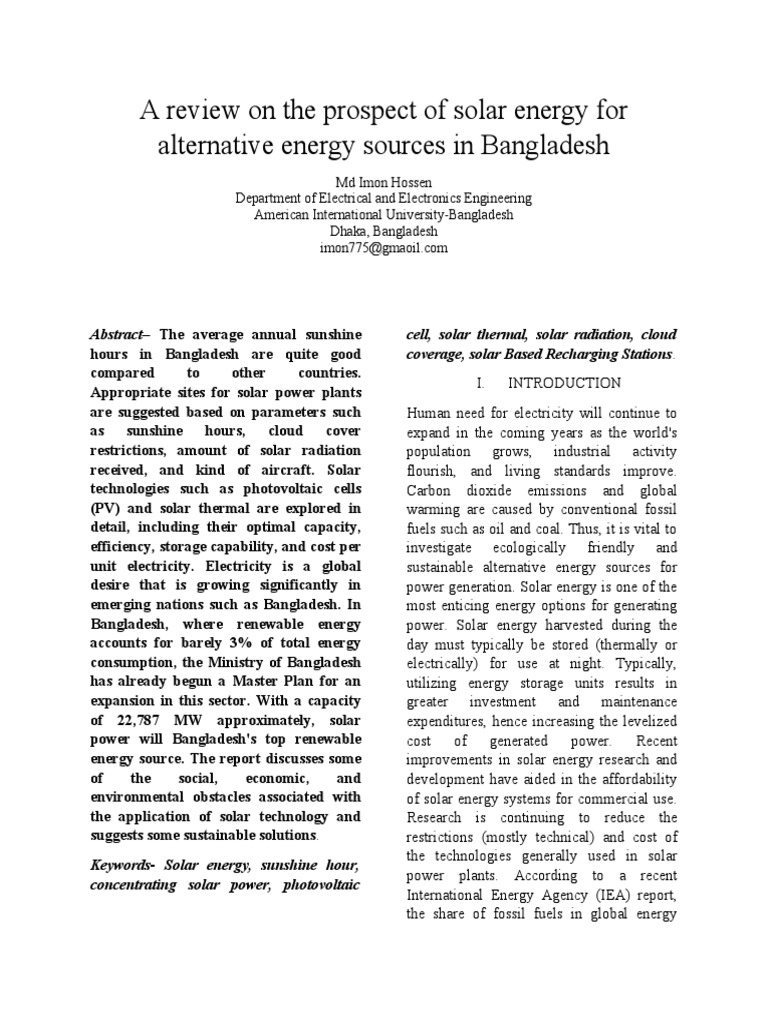 The Prospect of Solar Energy in Bangladesh | PDF | Solar Power ...