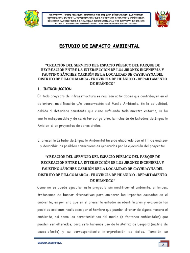 Estudio de Impacto Ambiental en Huánuco | PDF | Evaluación de impacto ...