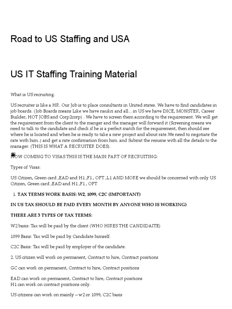 Us It Staffing Training Material Road To Us Staffing And Usa Pdf