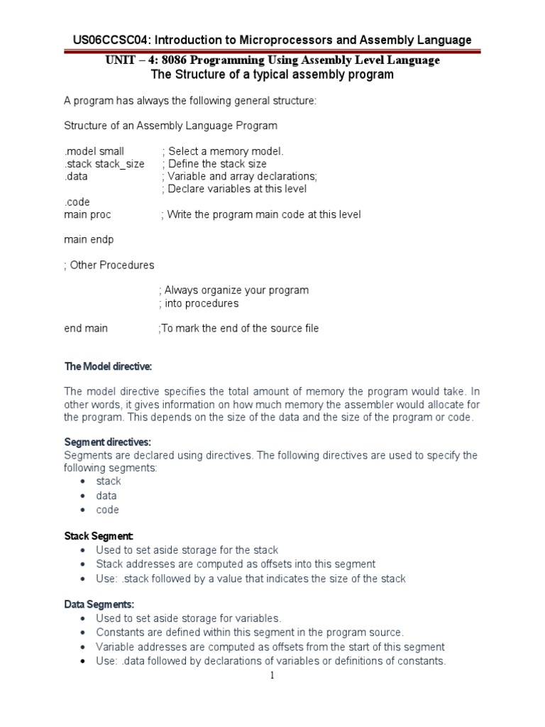 UNIT - 4: 8086 Programming Using Assembly Level Language: The Structure ...