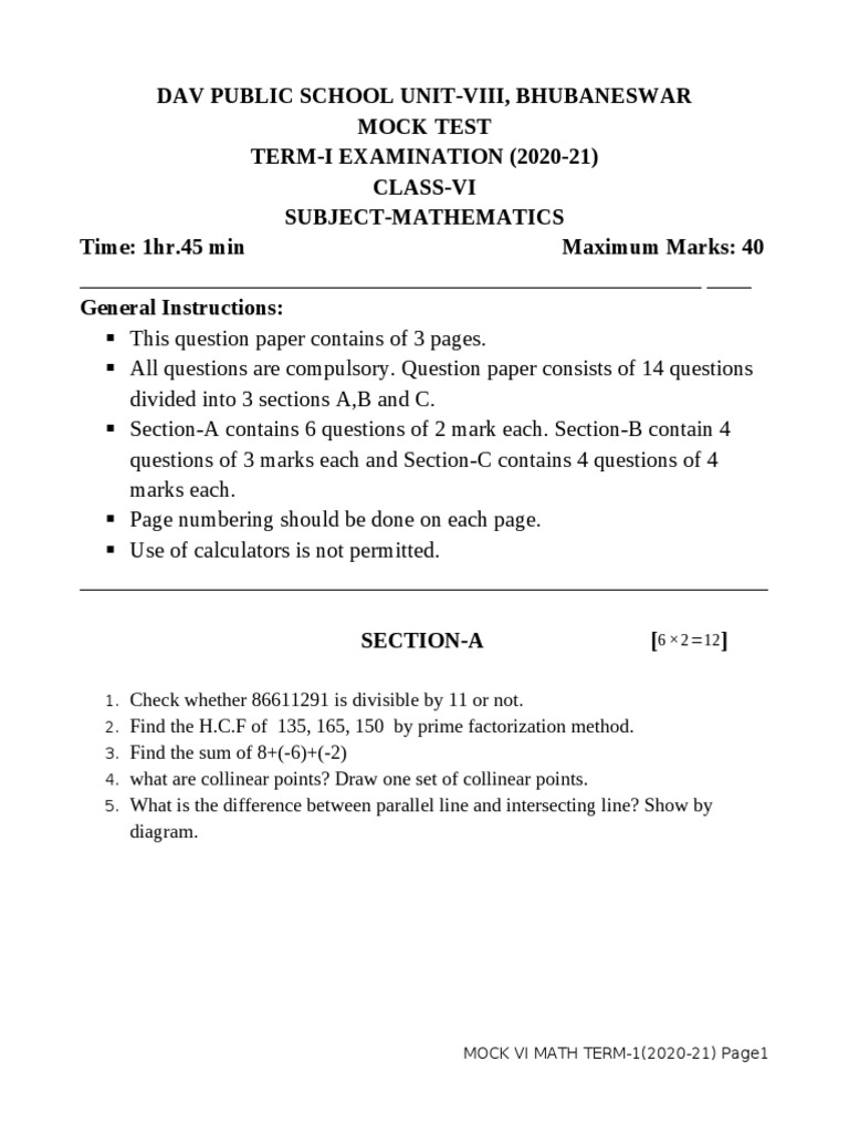Mock Test Vi Math Term-I (2020-21) | PDF | Angle | Mathematics