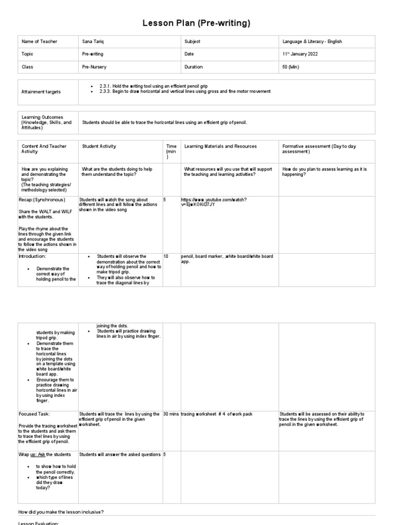 Lesson Plan (PreWriting) PDF Educational Assessment Lesson Plan