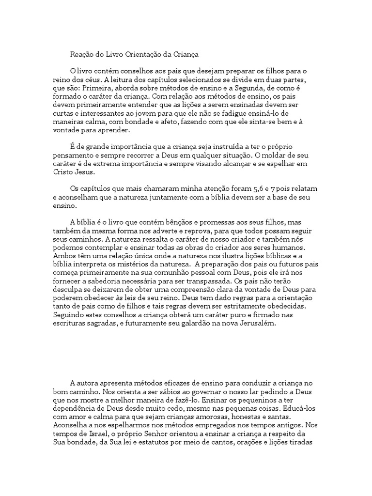 Reação Do Livro Orientação Da Criança PDF Amor Bíblia