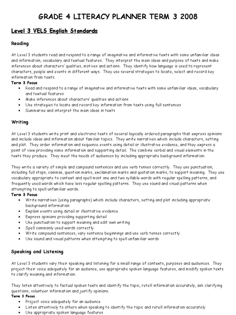 Grade 4 Literacy Planner Term 3 | PDF | Narrative | Poetry