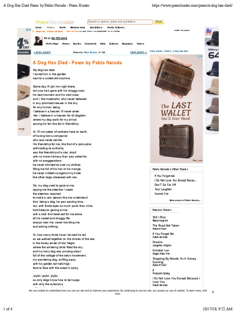 A Dog Has Died Poem by Pablo Neruda Poem Hunter PDF Poetry