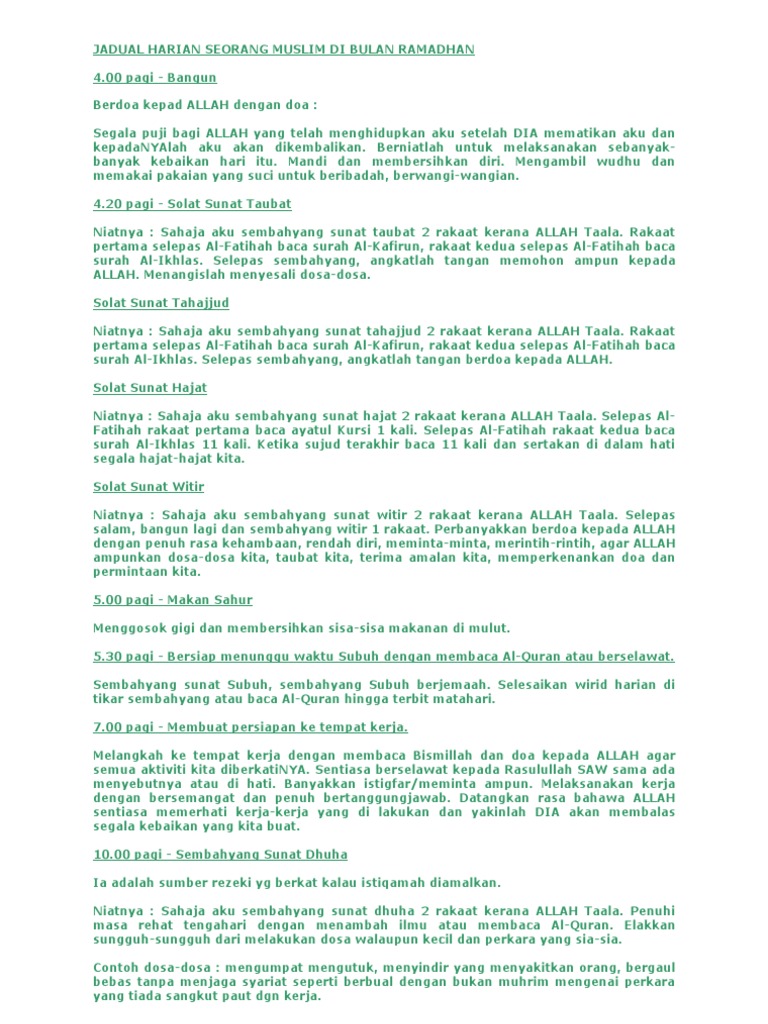 Jadual Harian Seorang Muslim Di Bulan Ramadhan Pdf