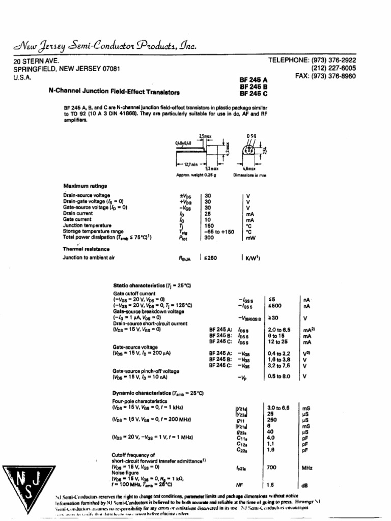 BF245 NewJerseySemiconductor | PDF | Field Effect Transistor | Transistor