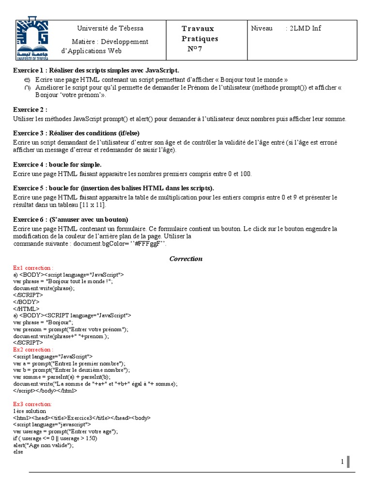 Exercices de JavaScript pour débutants | PDF | Html | JavaScript