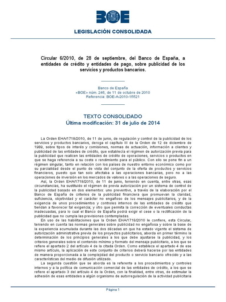 Boe Consolidado PDF Publicidad Bancos