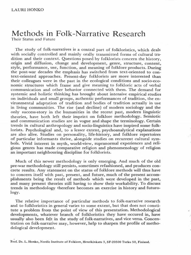 Methods in FolkNarrative Research Laurihonko PDF Folklore Narrative