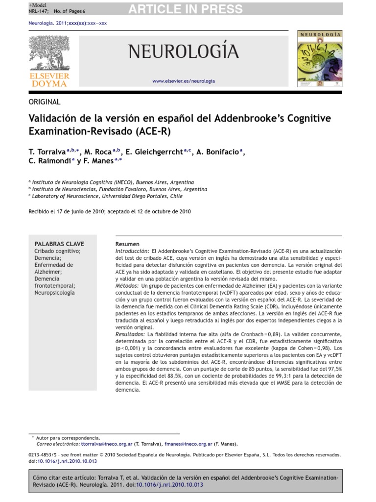 ACE R Estudio de Validación | PDF | Evaluación neuropsicológica ...