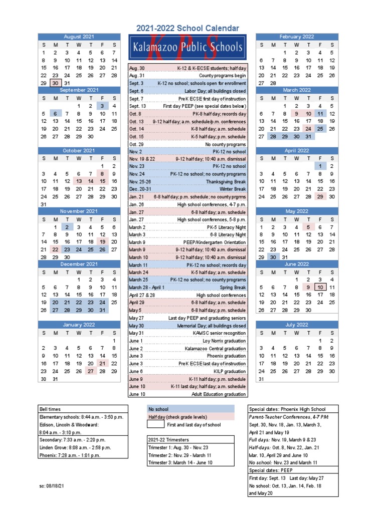 Kalamazoo Public Schools 2021-2022 Calendar | PDF | Schools | Educational Institutions