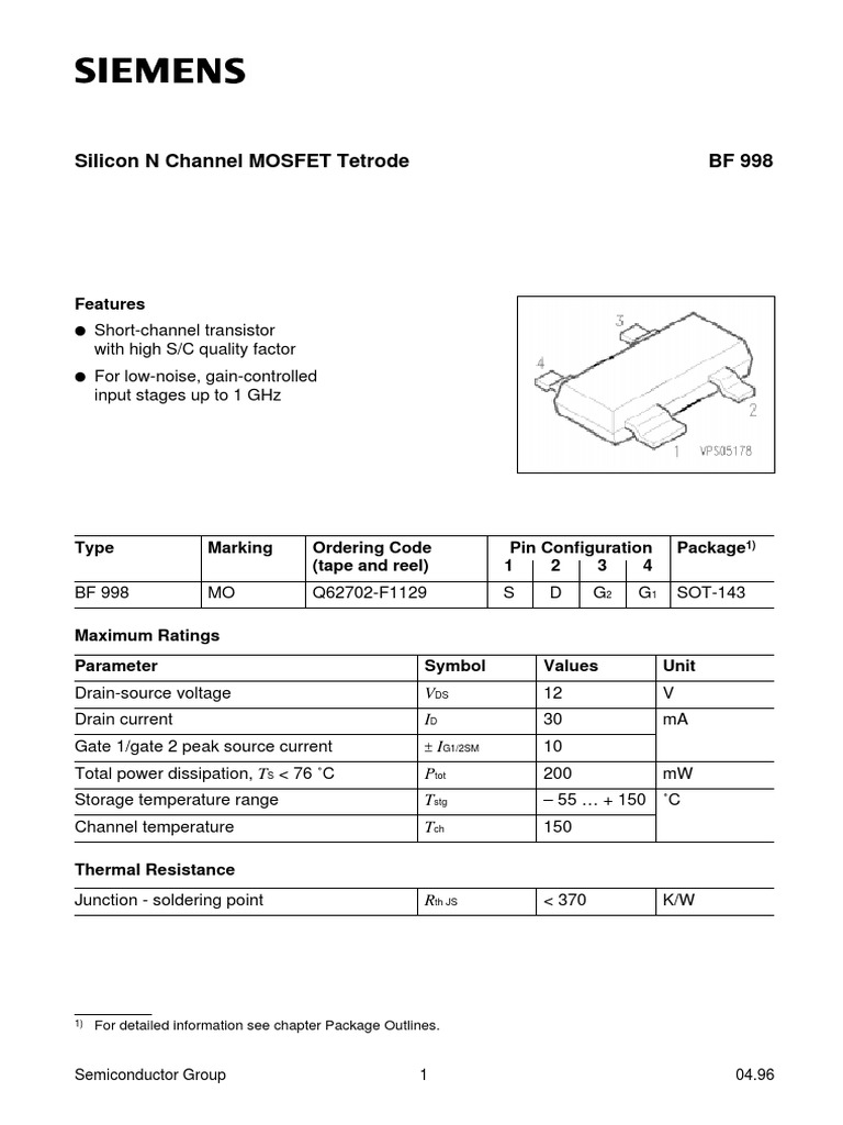 Silicon N Channel MOSFET Tetrode BF 998: Features | PDF | Field Effect ...
