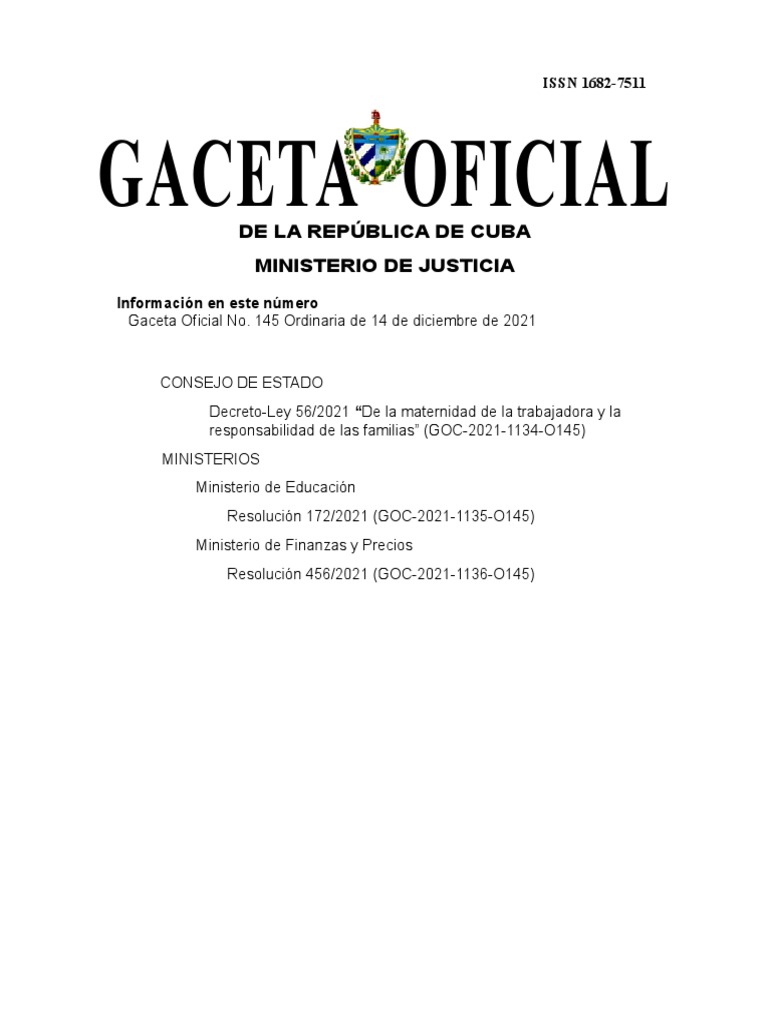 Gaceta Oficial de La República de Cuba Ministerio de Justicia PDF
