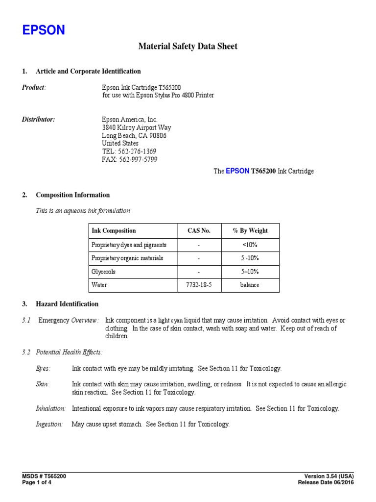 MSDS Catridge Epson PDF Ink Firefighting