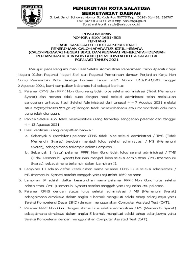 Pengumuman hasil sanggah seleksi administrasi penerimaan asn pemerintah