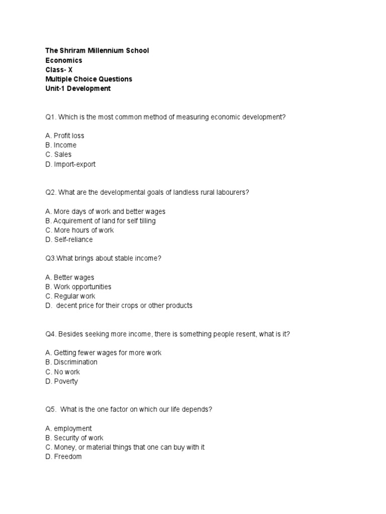 Multiple Choice Questions on Economic Development and Related