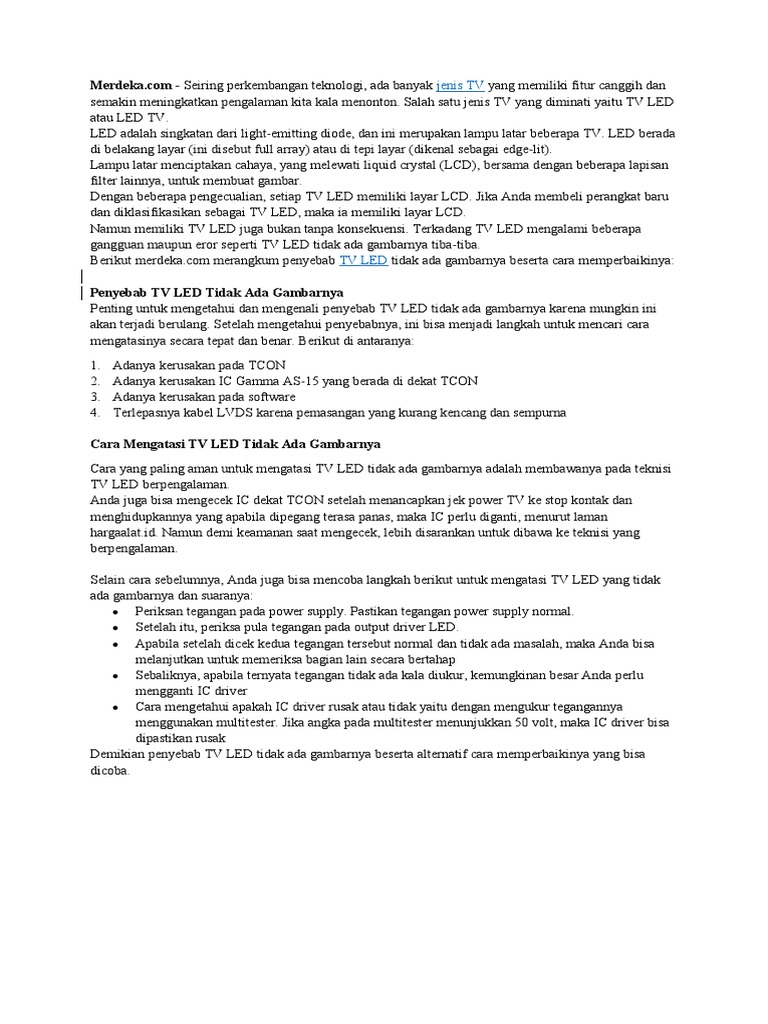 Penyebab TV LED Tidak Ada Gambarnya | PDF