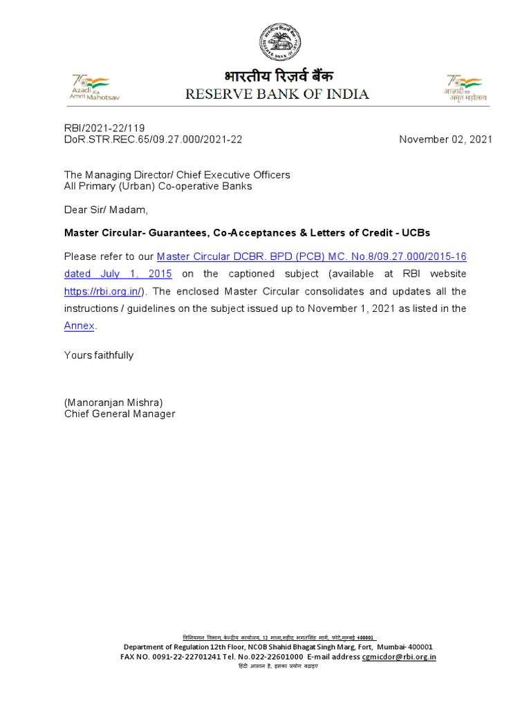 RBI Master Circular on Guarantees, Co-Acceptances & LCs | PDF | Banks ...