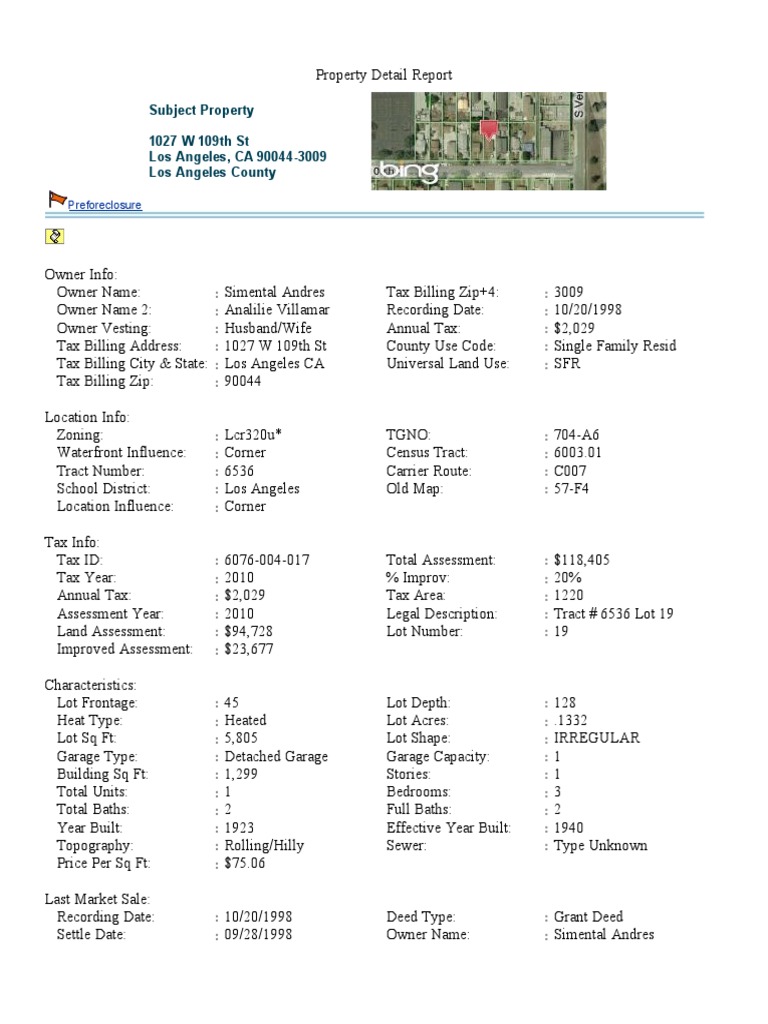 Preforeclosure Property Report: 1027 W 109th St | PDF | Land Lot | Real ...