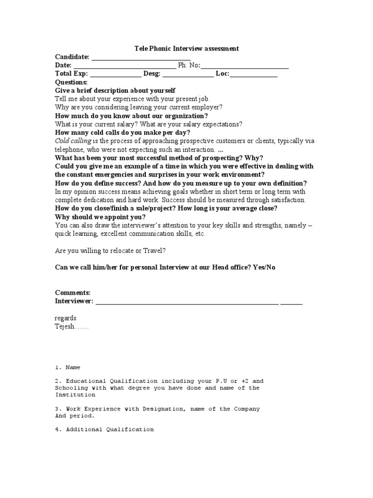Telephonic Interview Assessment Template | PDF