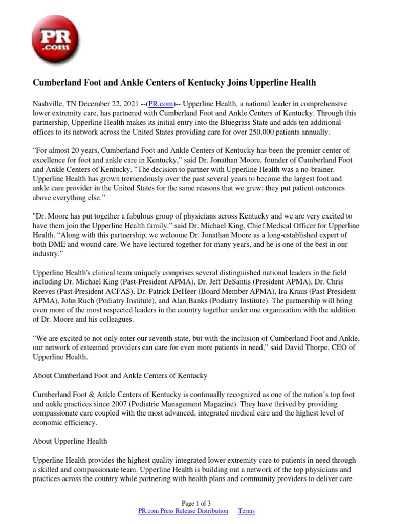 Cumberland Foot and Ankle Centers of Kentucky Joins Upperline Health