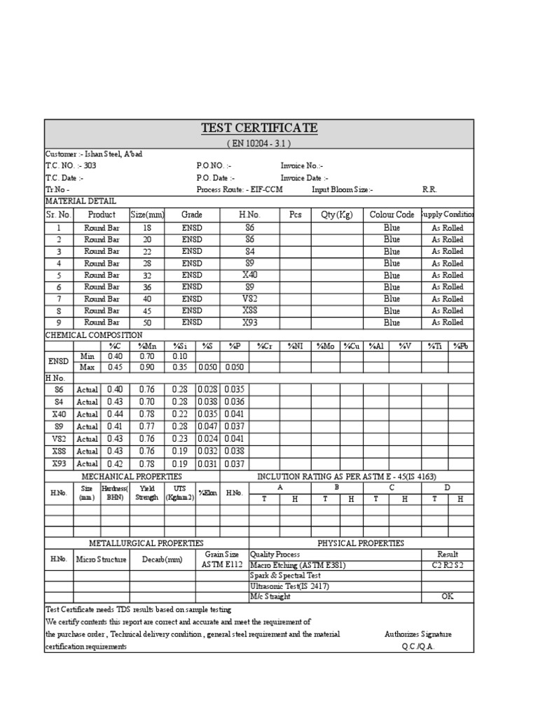 Test Certificate T T T T elon H.No. A B H.No. Size (MM) Hardness (BHN