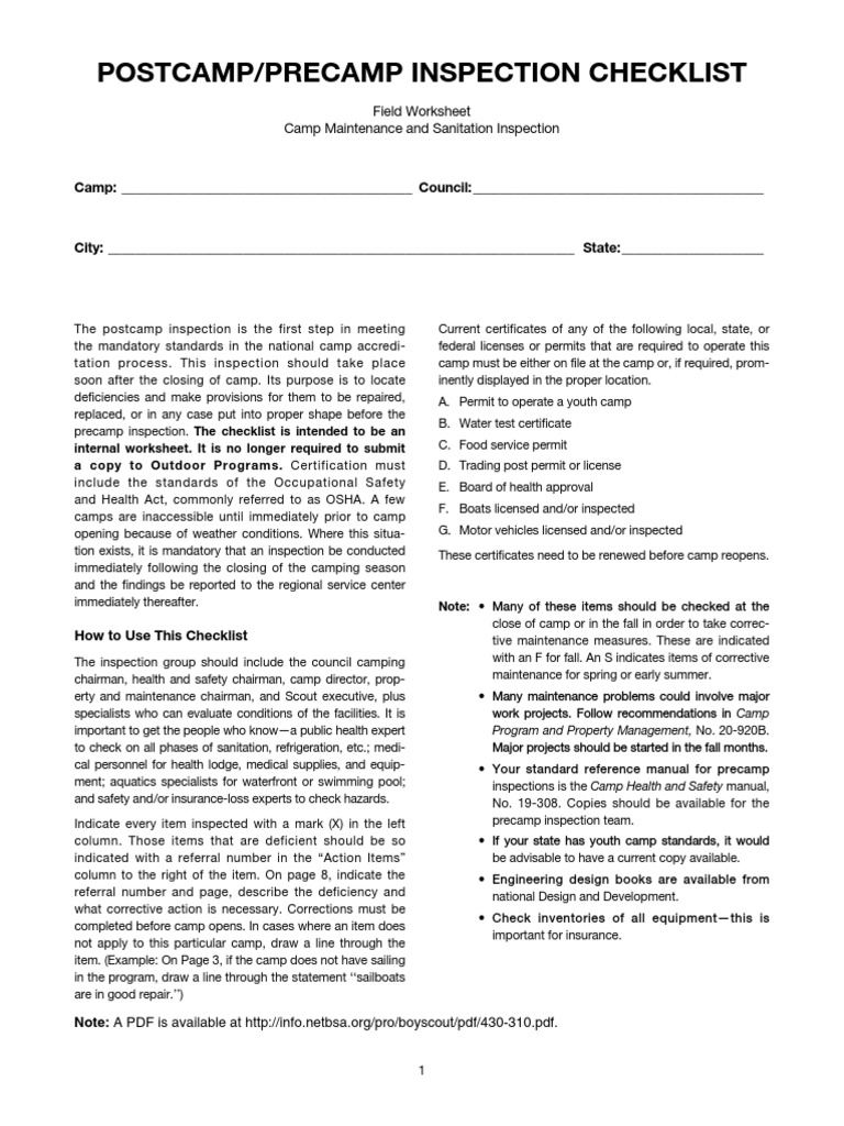 Postcamp Inspection Checklist Guide | PDF | Refrigerator | Sanitation