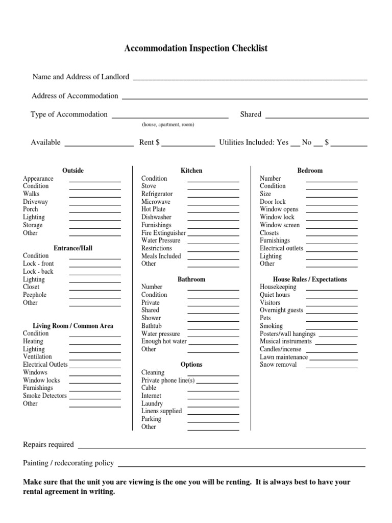 Accommodation Inspection Checklist | PDF | Room | Kitchen