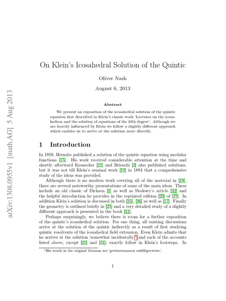 Klein's Quintic Icosahedral Solution | PDF | Tetrahedron | Ring ...